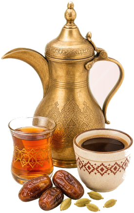 Traditional brass Yemeni dallah coffee pot with tea glass, Arabic coffee cup, and dates